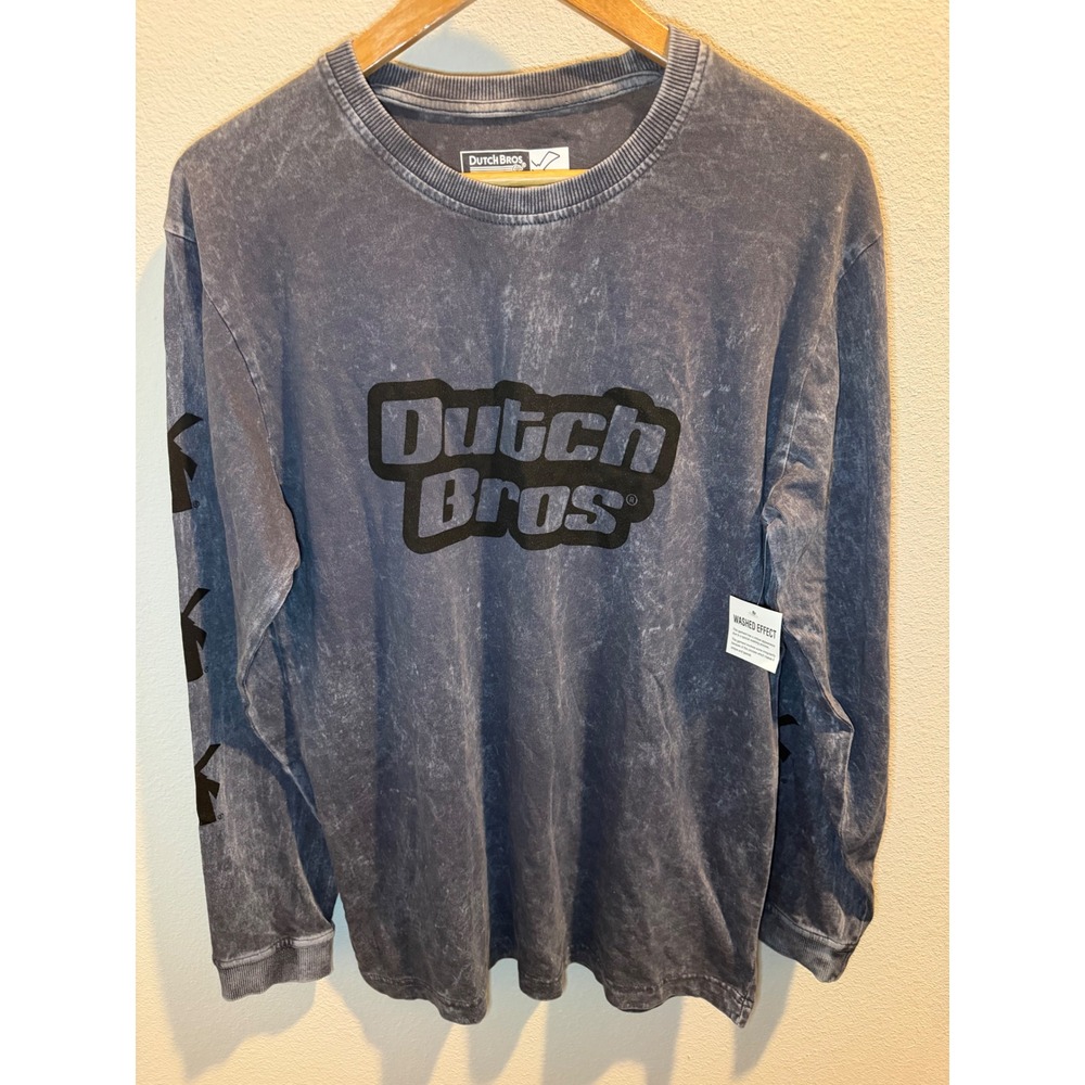 Dutch Bros Coffee Long Sleeve Shirt Acid Wash Mineral Blue Gray Windmill Medium